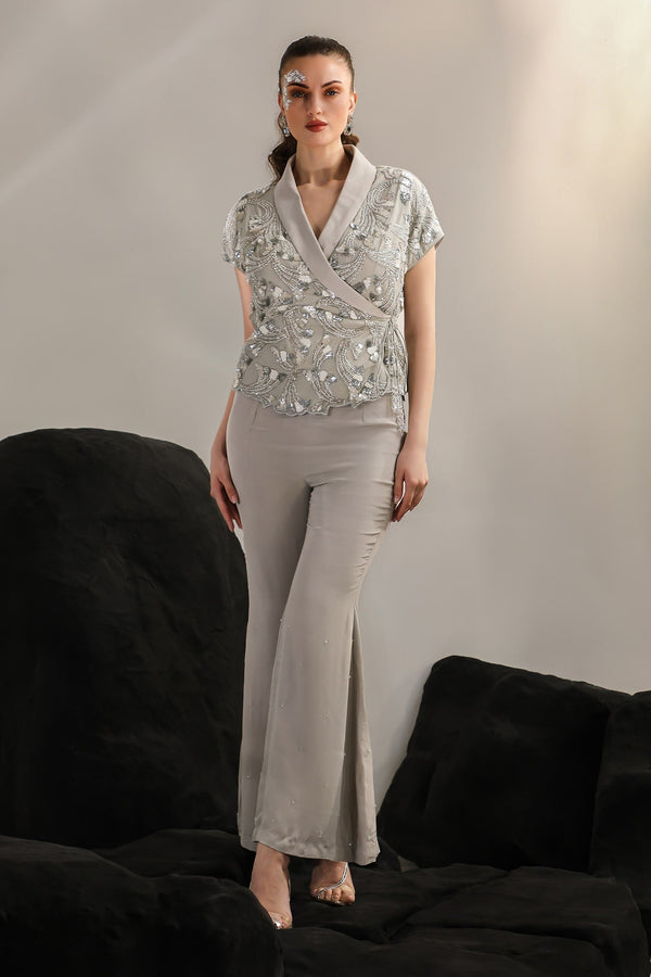 Grey Crepe Hand Embroidery Cutdana Mazu Kimono Jacket With Pant For Women