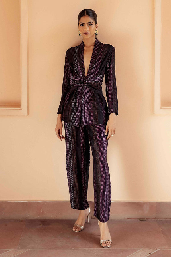 Black Dupion Silk Printed Dotted Stripes Safar Blazer And Pant Set For Women