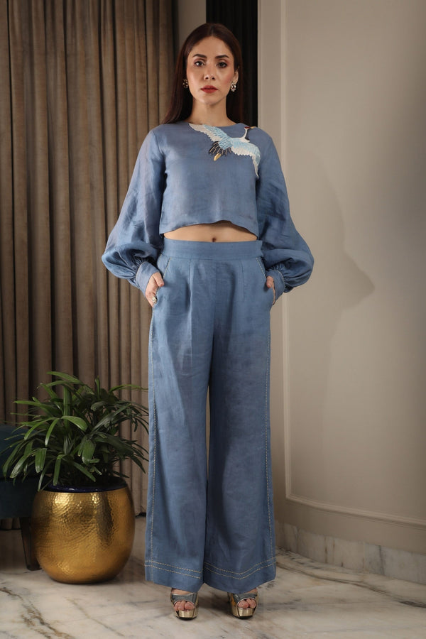Blue Cotton Linen Embroidery Bird Patch Top And Pant Co-ord Set For Women