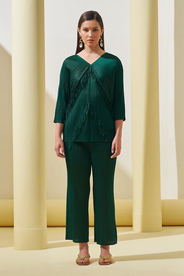 Green Polyester Base Plain V Fringed Top And Culotte Pant Co-ord Set For Women