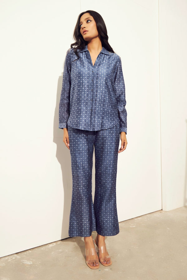 Blue Chanderi Cotton Silk Shibori Pattern Shirt And Pant Set