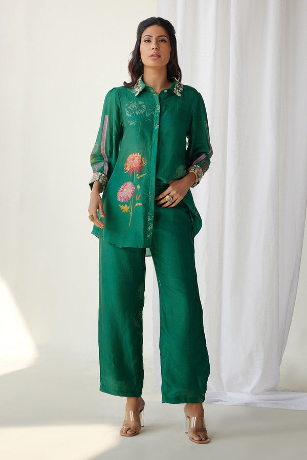Emerald Green Silk Printed Floral Shirt Collar Pant Set For Women