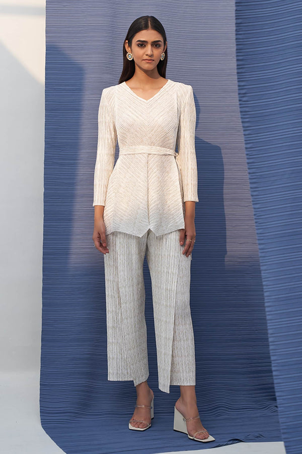 White Polyester V Neck Pleated Metallic Top And Culottes Set For Women