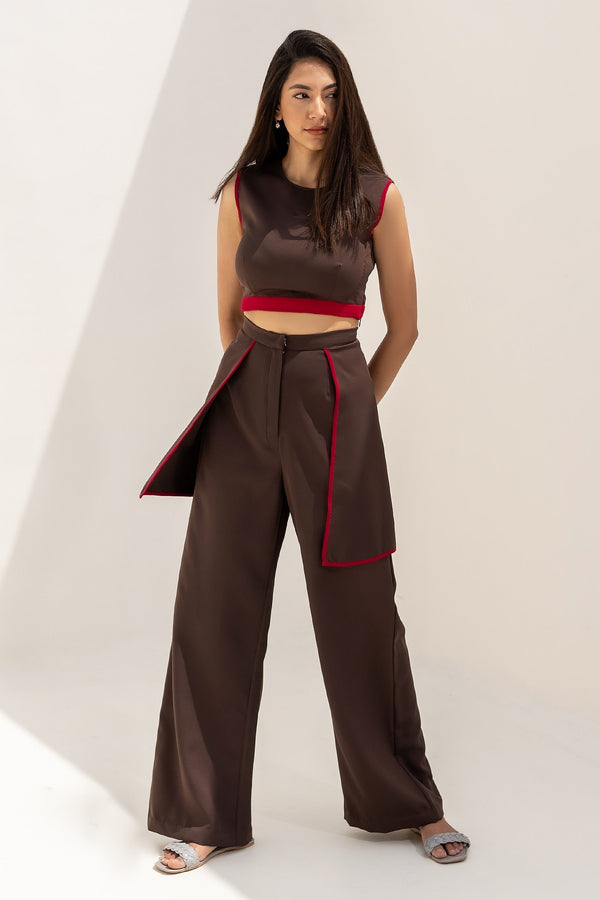 Brown Banana Crepe Round Neck Top And Overlap Pant Set For Women