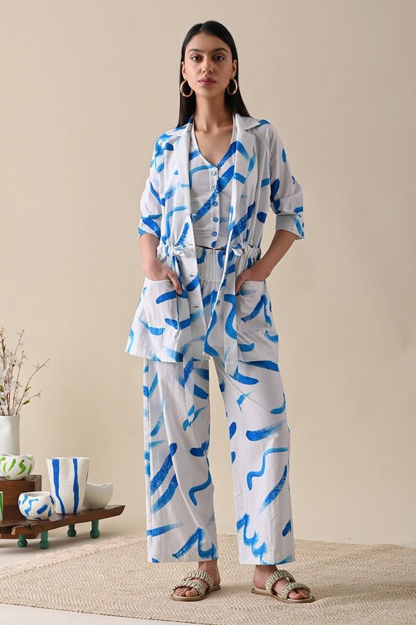 Ivory Cotton River Stroke Print Jacket Trouser Set