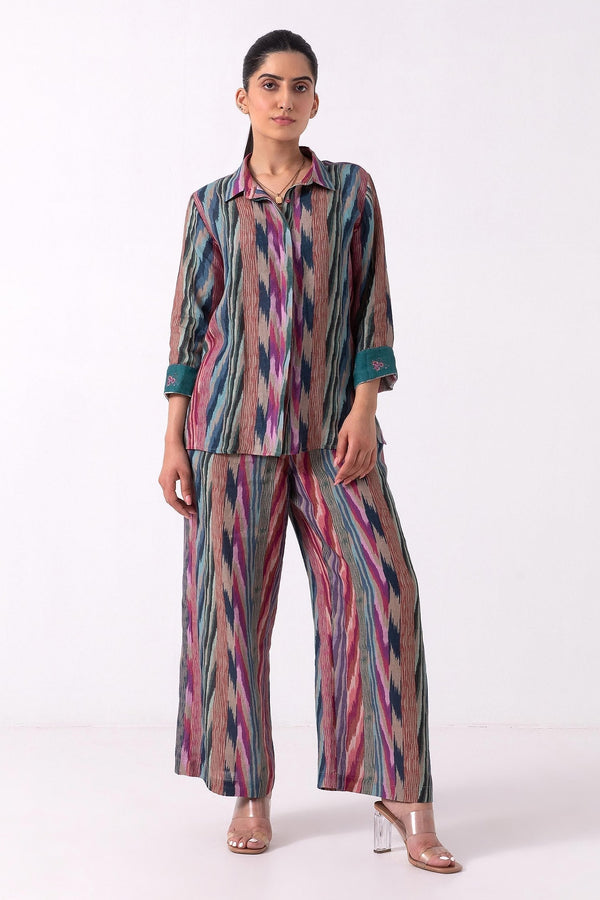 Multi Color Linen Ikat Print Jacket With Pant