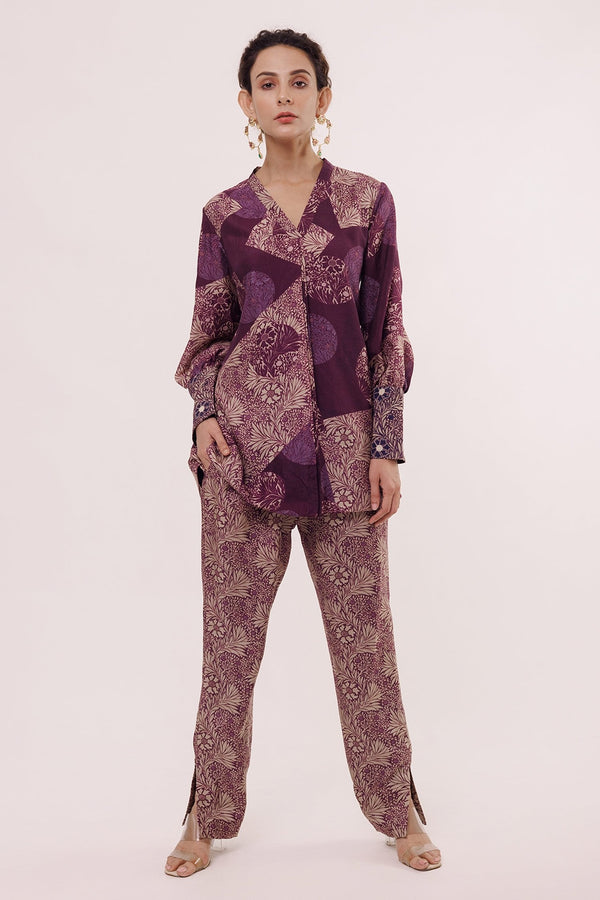 Purple Floral Print Silk Top And Pant Set