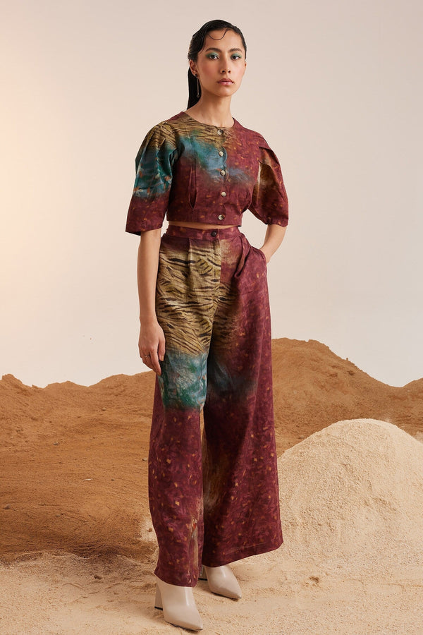 Brown Cotton Satin Printed Grain Round Scallop Top And Pant Set For Women