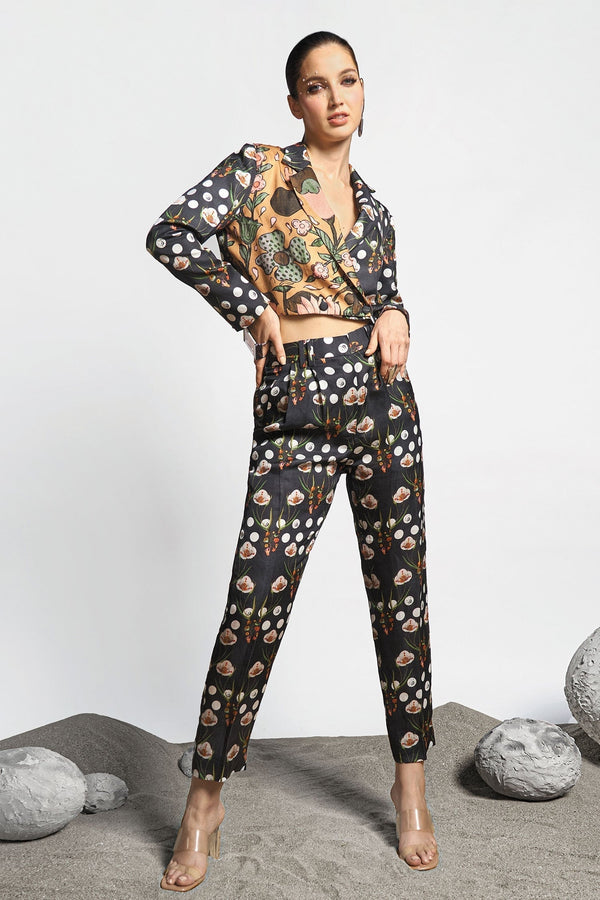 Black Cotton Print Moon Odyssey Lapel Collar Cropped Blazer And Pant Set For Women