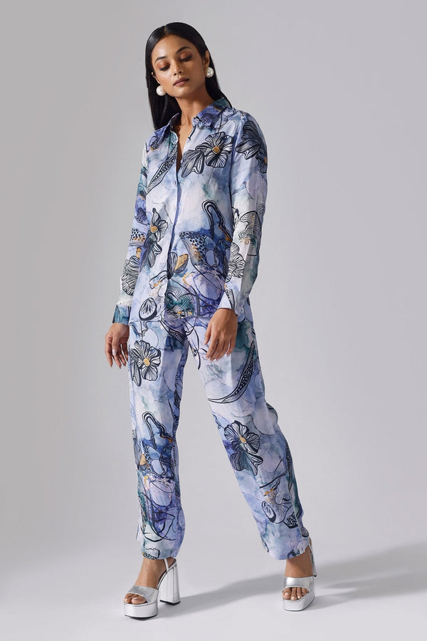 Blue Satin Shirt And Pant Set