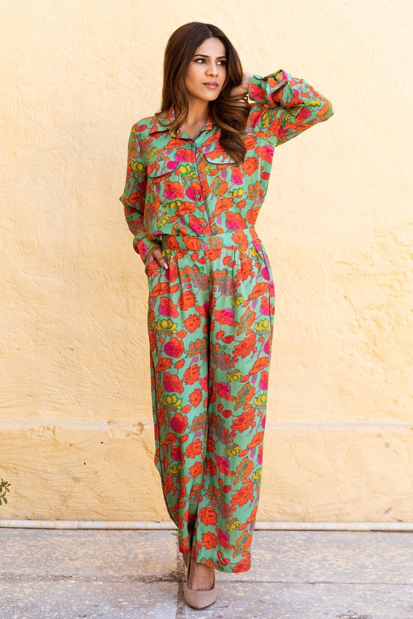 Green Muslin Floral Print Pant Set