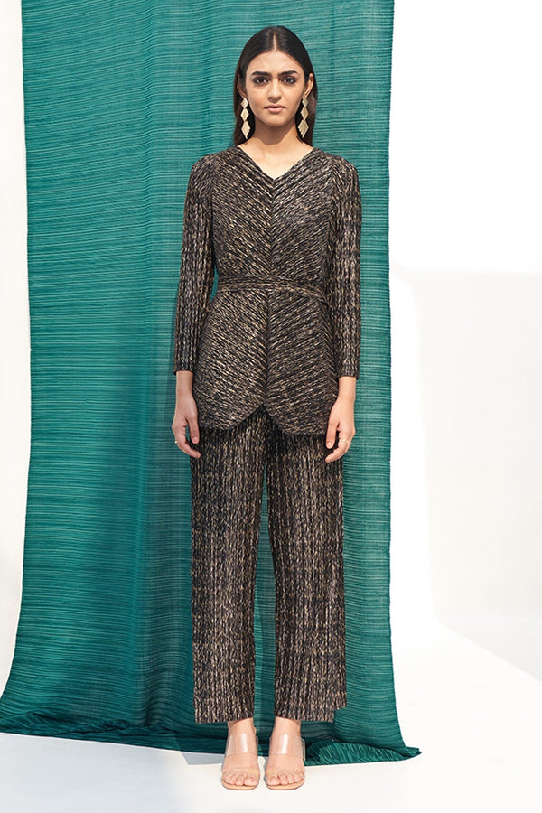 Black Polyester V Neck Metallic Pleated Top And Pant Set For Women