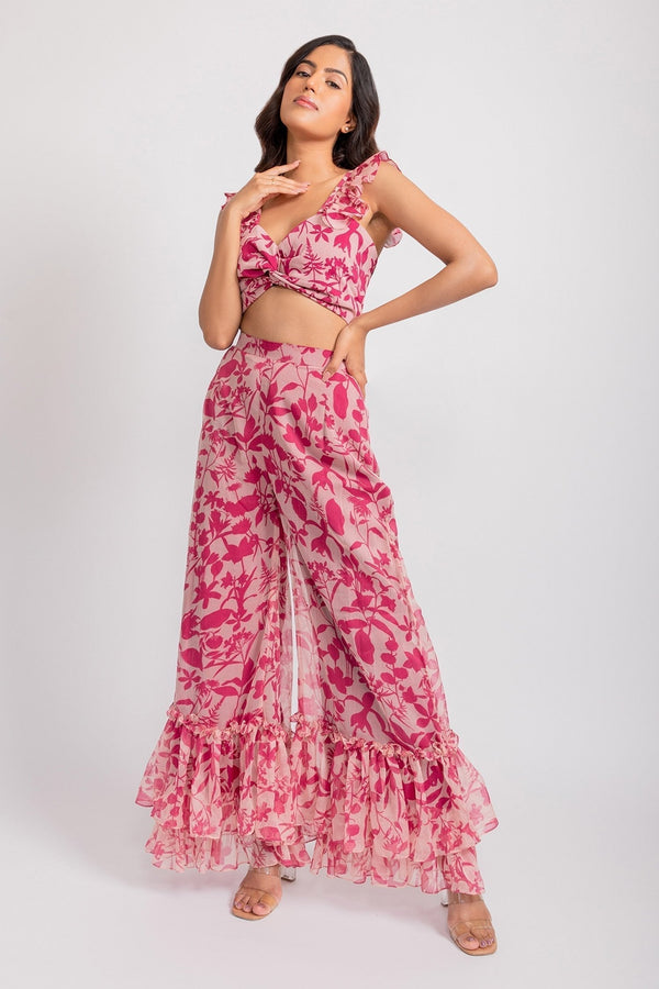 Pink Recycled Chiffon Emma Floral Print Flared Pant Set