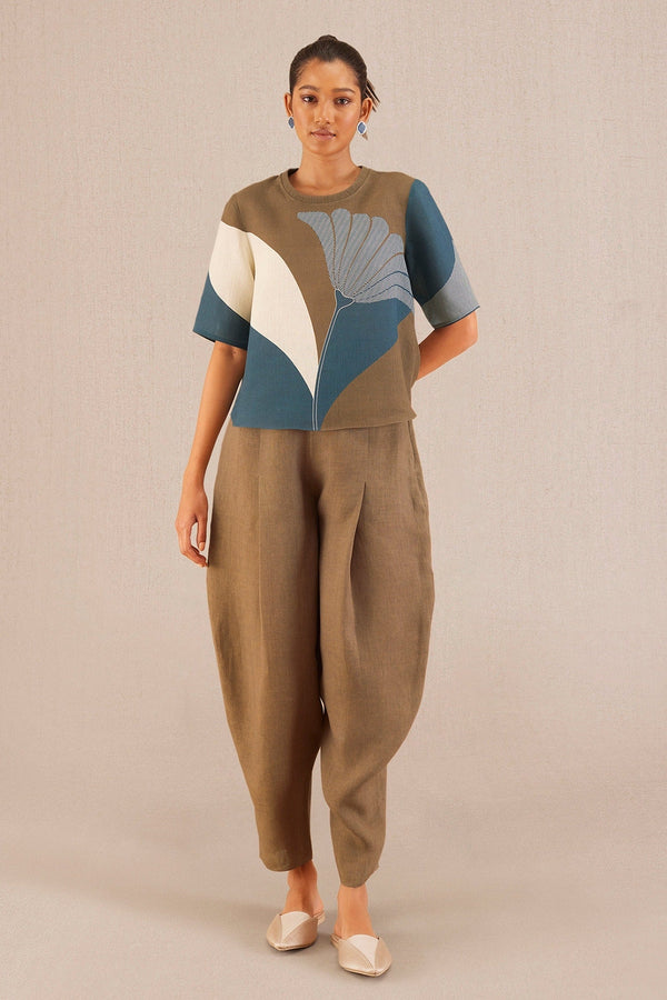 Blue Linen Fluid Round Freya Top With Dhoti Pant For Women
