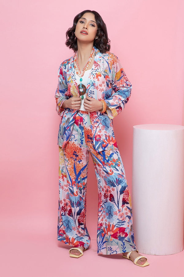 Blue Rayon Blooming Flower Print Blazer Shirt And Pant Co-ord Set