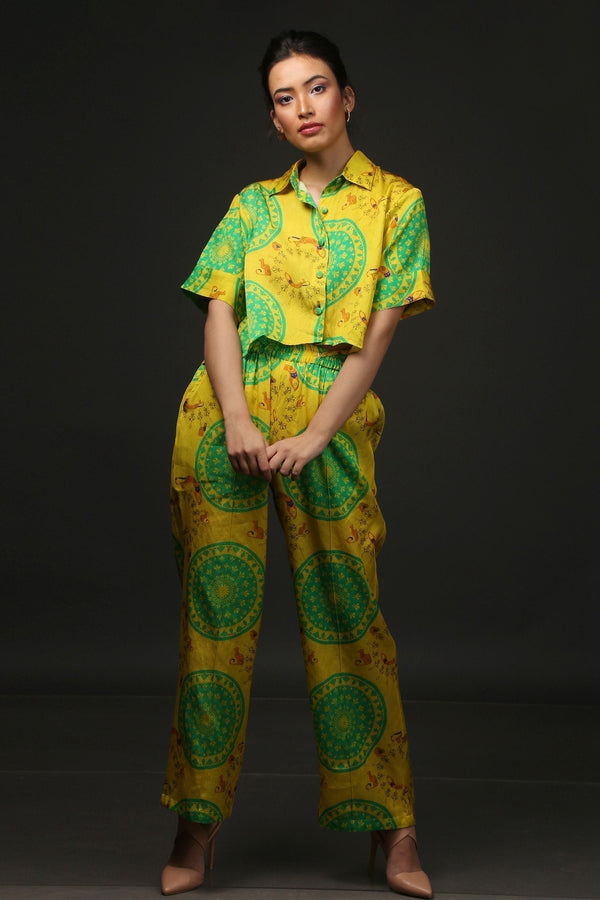 Yellow Cotton City Cat Print Resort Shirt And Pant Set