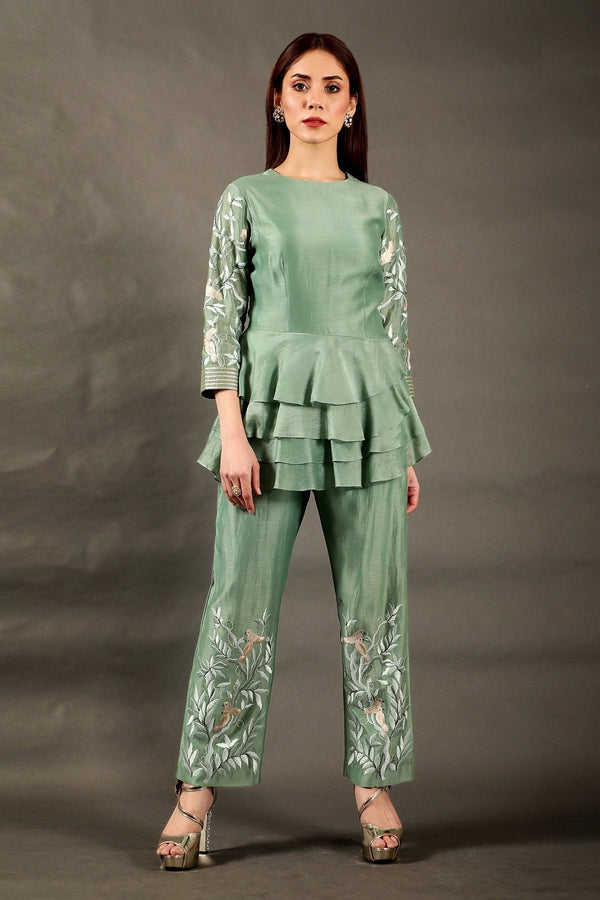 Green Cotton Chanderi Bird Embroidered Layered Peplum And Pant Set