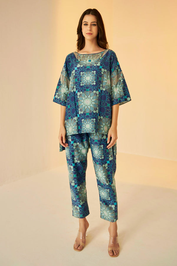 Blue Cotton Silk Print Floral Mandala Round Flower Top And Pant Set