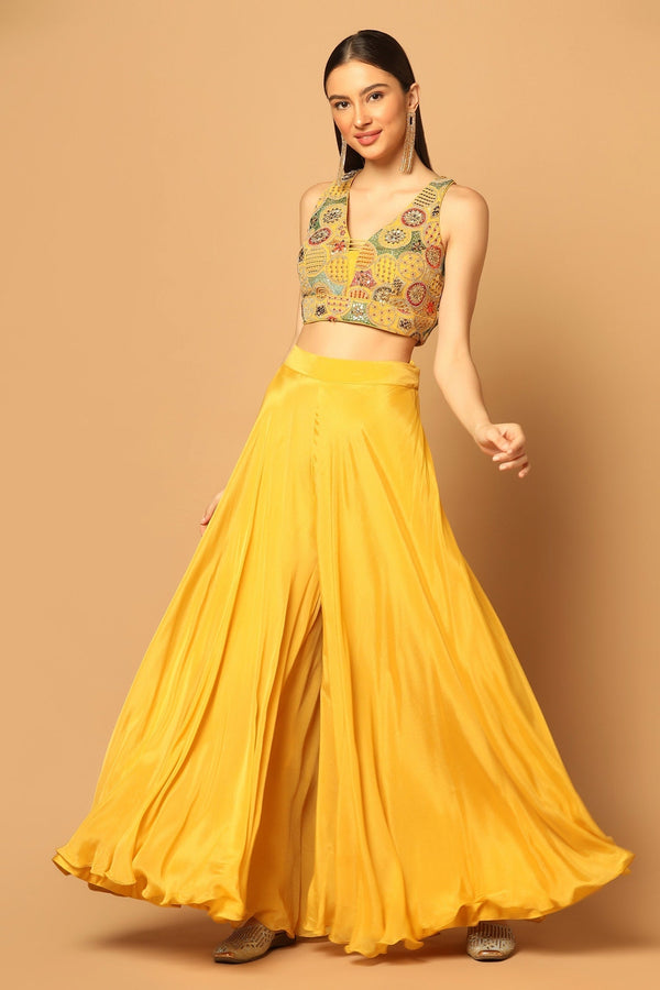 Yellow Crepe Embroidery Dori V Neck Sequin And Blouse Palazzo Set For Women