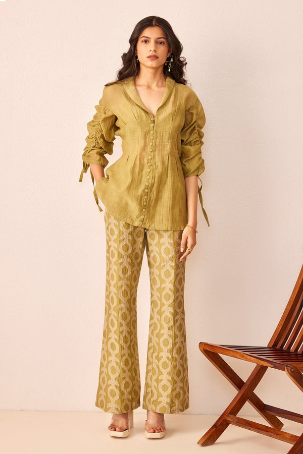 Green Chanderi Silk Embroidered Lapel Collar Mila Top And Pant Set