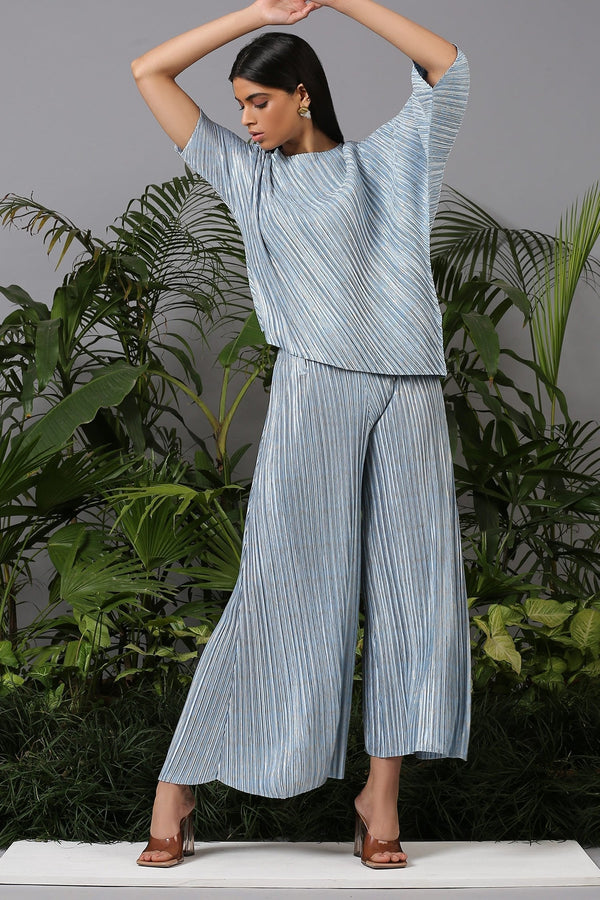 Blue Polyester Metallic Drape Top And Pant Set