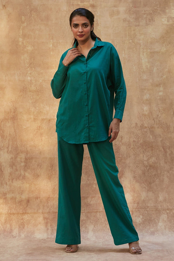Green Cotton Linen Shirt And Pant Set