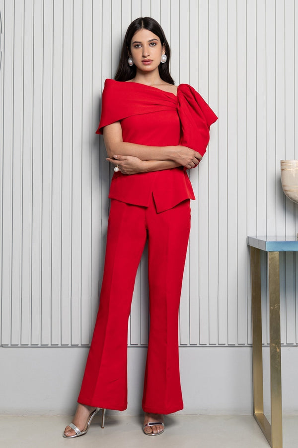 Red Crepe Scarlet Asymmetric Top And Trouser Set