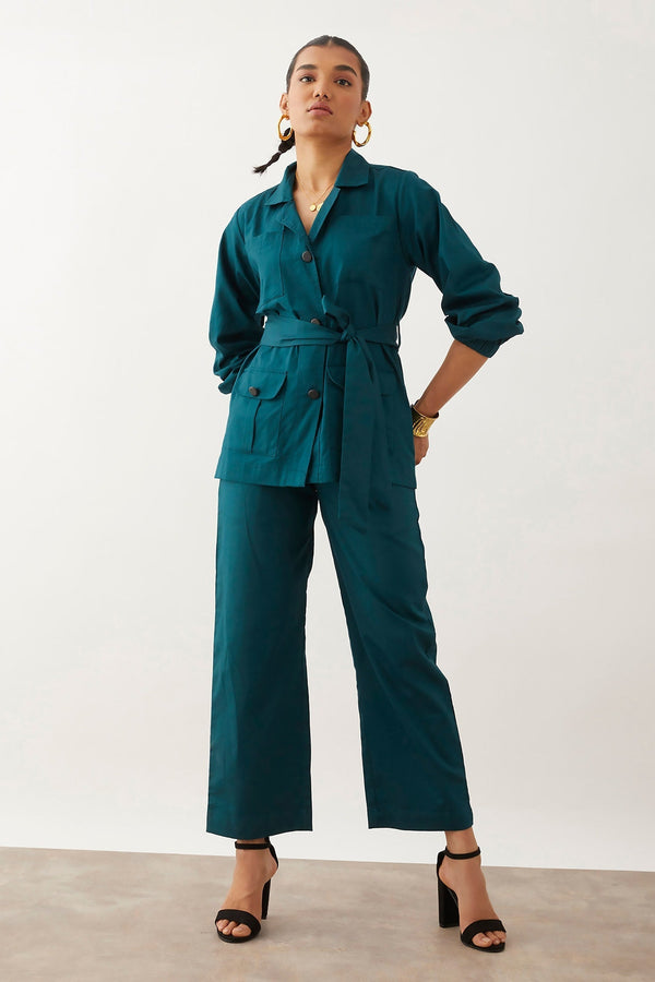 Blue Premium Cotton Twill Notched Bastian Solid Jacket And Trouser Set For Women