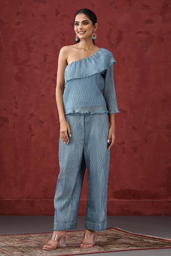Blue Pleated Organza Geometric One Shoulder Ruffle Top With Pant For Women
