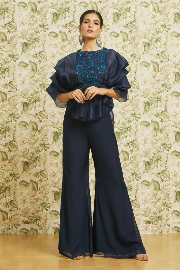 Blue Top And Pant: Organza Embroidery Sequin Boat Neck Sheer Pouf Set For Women