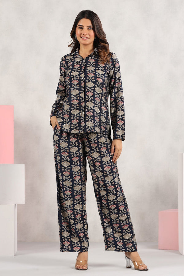 Black Muslin Floret Print Shirt And Pant Set