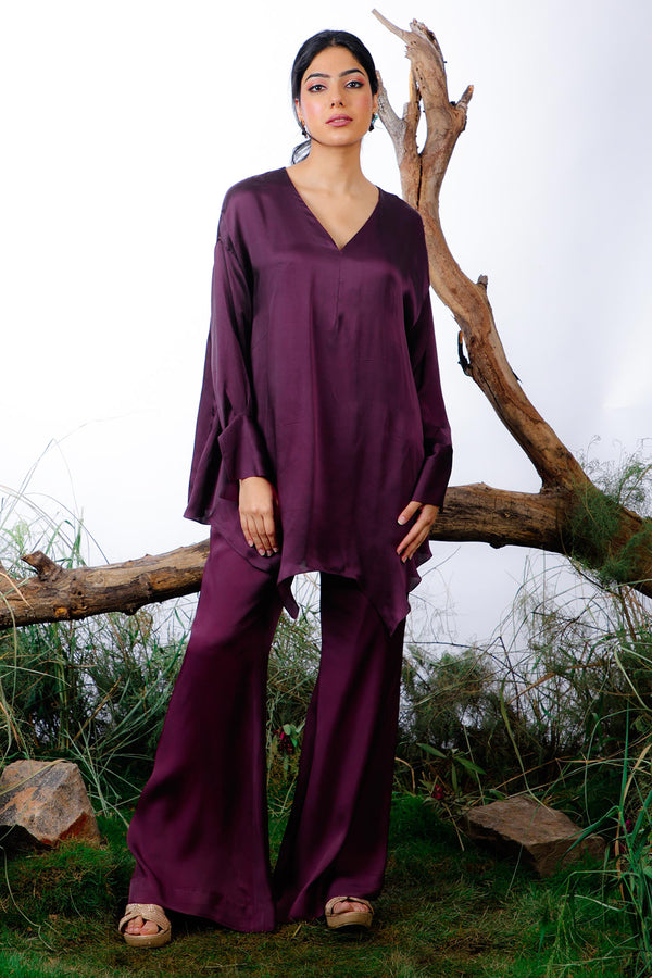Purple Satin Plain Belted Top With Pant