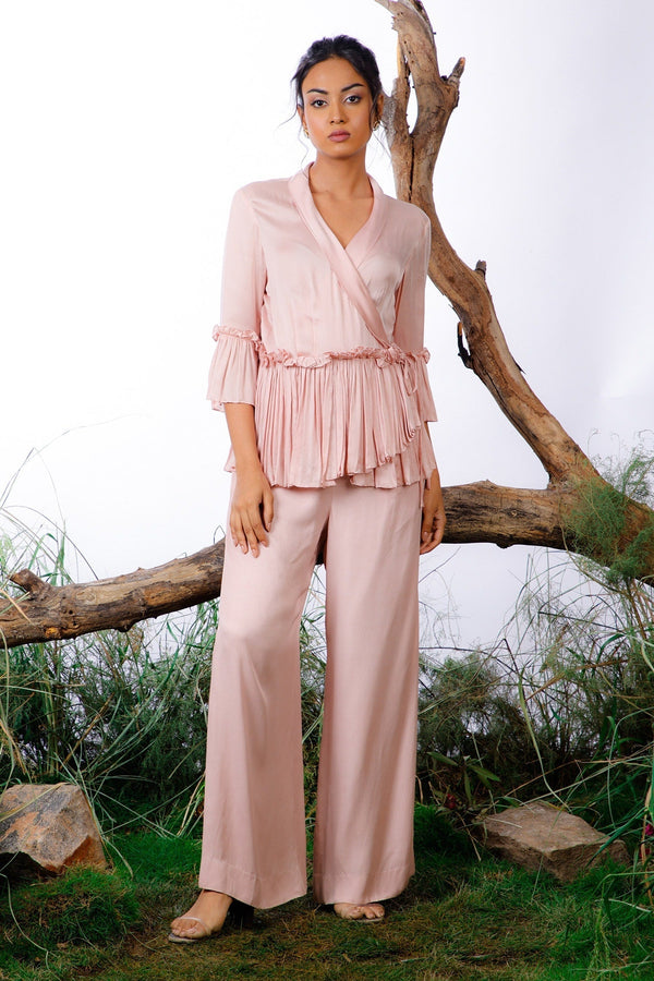Pink Satin Solid Wrap Around Top With Pant
