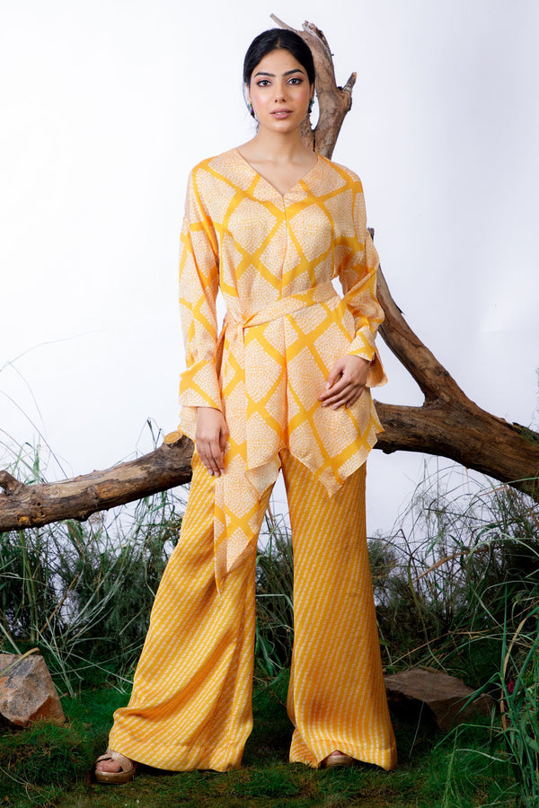 Yellow Printed Satin Georgette Bandhani Print Asymmetric Top With Pant