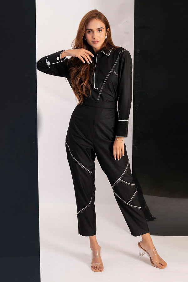 Black Suiting Viscose Our Boss Lady Embroidered Shirt And Pant Set
