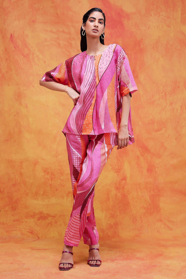 Pink Linen Printed And Embellished Mediterranean Willa Top & Pant Set For Women