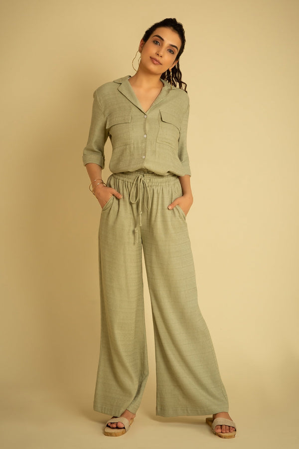 Green Rayon Solid Lapel Collar Shirt With Pant For Women