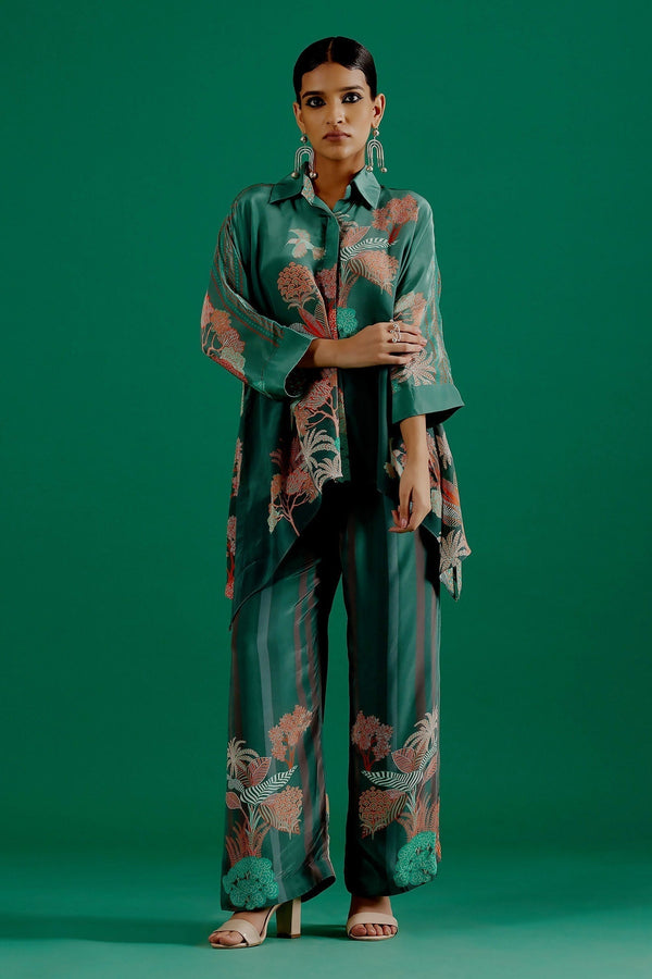 Green Crepe Printed Foliage Shirt Collar Naksh High Low With Pant For Women