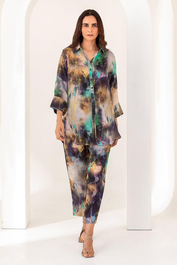 Multi Color Summer Silk Printed And Mixed Hues Shirt & Pant Set