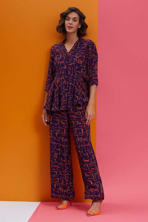 Blue Natural Crepe Printed Abstract Peter Your Loss Peplum Top And Set For Women