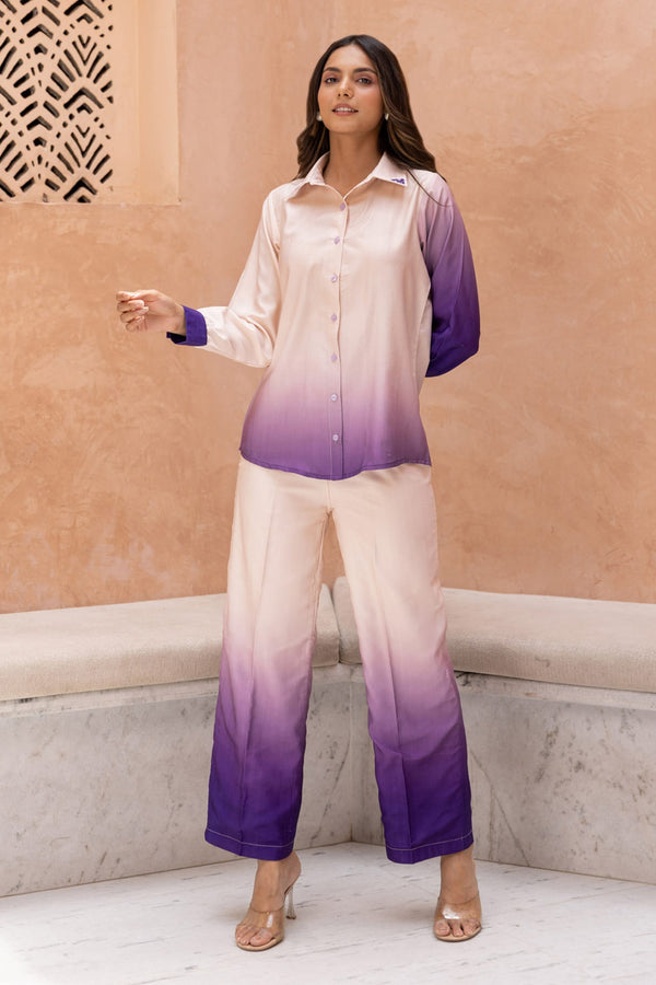Purple Cotton Silk Plain Collared Iris Ombre Effect Shirt With Trouser For Women