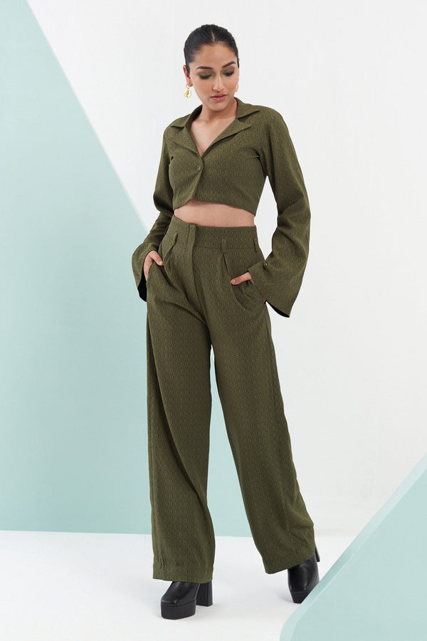 Green Biscuit Crepe Geometric Nirvana Crop Blazer And Trouser Set For Women