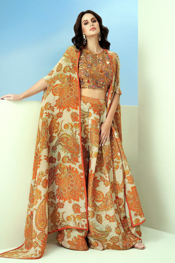 Off White Tissue Organza Printed Floral Paisley Crop Top And Pant Set For Women