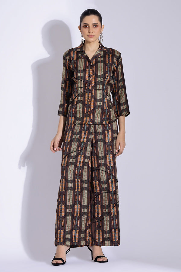 Brown Cotton Silk Print Abstract Geometric Lapel Shirt With Pant For Women
