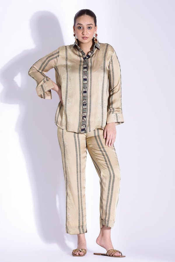 Beige Georgette Satin Digital Printed Placement Shirt And Pant Set
