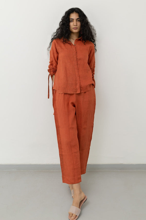Orange Linen Collar Ruched Tie-up Sleeves Shirt With Pant For Women