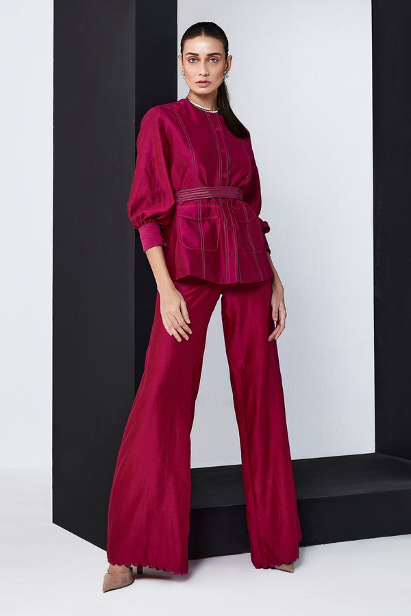 Fuchsia Chanderi Embroidered Thread Work V Acantha Shirt And Pant Set For Women