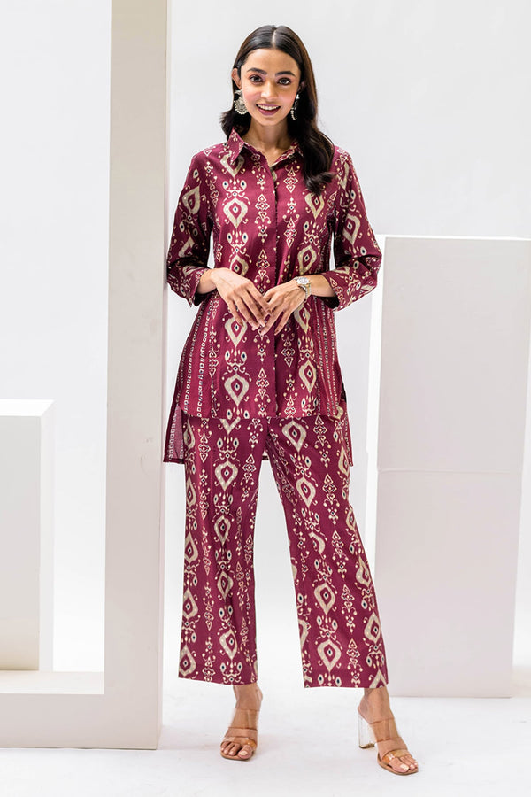 Maroon Cotton Print Ikat Collar Shirt With Pant For Women