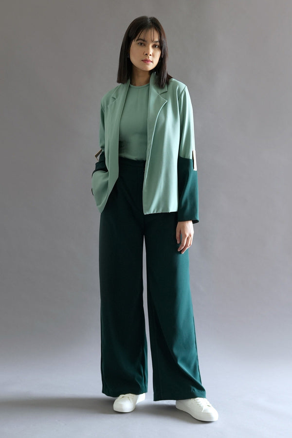 Green Turkey Crepe Plain Blazer: Color Block And Flared Pant Set For Women