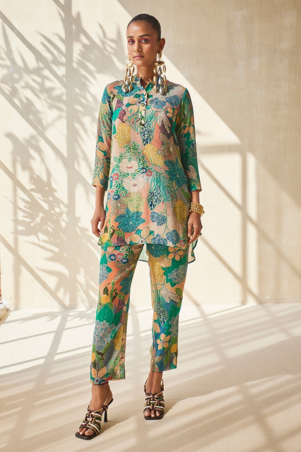 Multi Color Natural Crepe Floral Abstract Pattern Top With Pant For Women